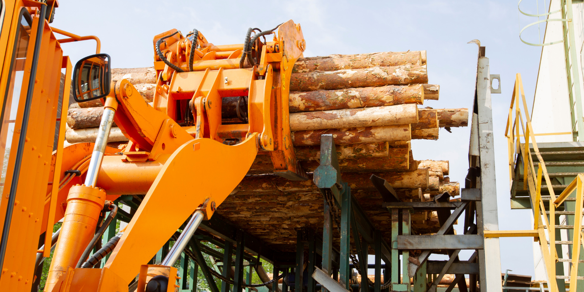 Hydraulic log loader grabbing a bundle of freshly cut timber logs at a wood processing yard.